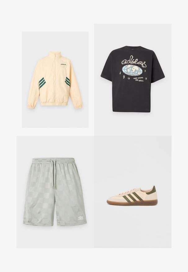 Veste de survêtement Adidas beige clair avec col montant, fermeture éclair intégrale à l'avant, poignets et ourlet élastiques, et logo Adidas ainsi que des bandes vert foncé sur les côtés.; T-shirt Adidas noir avec un globe beige et bleu, logo Adidas manuscrit, étoiles et texte « Three Stripes. One World. »; Umbro FOOTBALL SHORT - Pantalon de survêtement - harbor mist; Baskets beige discrètes Adidas Spezial avec des bandes vertes, une semelle en caoutchouc et le logo "SPEZIAL" sur le côté, vues de l'extérieur.