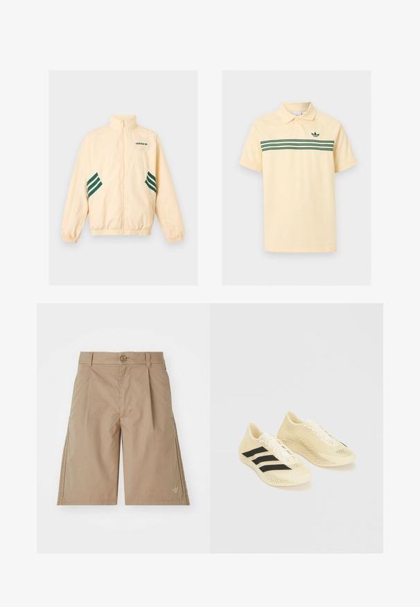 Chaqueta de chándal Adidas beige claro con cuello alto, cremallera completa frontal, puños y dobladillo elásticos, y logo y rayas Adidas en verde oscuro en los laterales.; Polo de manga corta amarillo pálido con tres franjas horizontales verdes y un logo verde de Adidas en el pecho.; Bermudas de algodón beige con corte recto, pliegues frontales y cierre de botón único. Presentan un sutil logo en la parte inferior izquierda.; Zapatillas deportivas beige claro con rayas negras, cierre con cordones y diseño texturizado ondulado sobre fondo blanco.