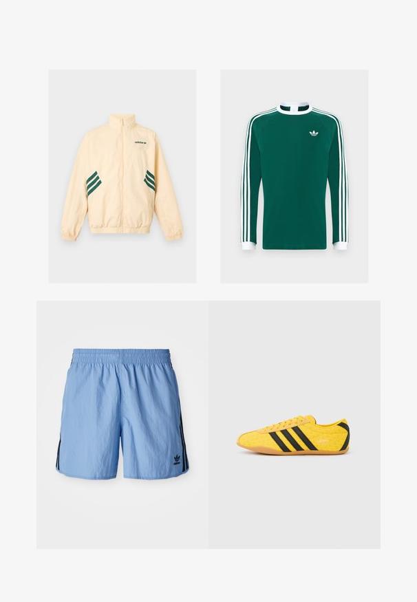 Heledat beeži värvi Adidas dressijakk kõrge kraega, täieliku eesmise luku, elastsete mansettide ja äärega ning tumerohelise Adidas logo ja triipudega külgedel.; Pikkade varrukatega roheline puuvillane särk, millel on valge krae ja mansetid, kolmes kohas valged triibud igal varrukal ning väike valge logo rinnal.; Heledad sinised spordilühikesed püksid, millel on elastne vöökoht, musta külgtriibu ja alumises paremas nurgas must tikandlogo.; Kollane sportlik jalanõu tekstuurse pealiskihiga, millel on mustad triibud ja logo. Ümar nina, pehme tallaosa ning materjalil siksakmuster.