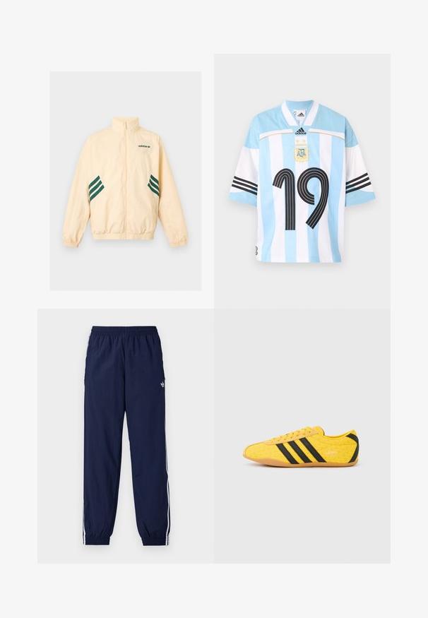 Φωτεινό μπεζ αθλητικό μπουφάν Adidas με ψηλό γιακά, φερμουάρ εμπρός, ελαστικές μανσέτες και τελείωμα, και σκούρο πράσινο λογότυπο Adidas και ρίγες στα πλάγια.; Φανέλα ποδοσφαίρου της Αργεντινής με ανοιχτό μπλε και λευκές κάθετες ρίγες, μαύρος αριθμός 19, λογότυπο Adidas και σήμα AFA με δύο αστέρια στο στήθος.; Σκούρο μπλε παντελόνι φόρμας από ελαφρύ ύφασμα, με λευκές ρίγες στο πλάι, ελαστική μέση και μικρό λογότυπο.; Κίτρινο αθλητικό παπούτσι με υφή στο επάνω μέρος, με μαύρες ρίγες και λογότυπο. Στρογγυλεμένη μύτη, μαλακή σόλα και ζιγκ-ζαγκ σχέδιο στο υλικό.