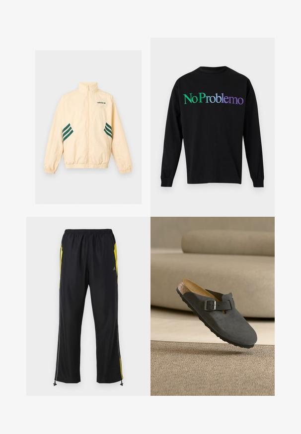 Lyse beige Adidas træningsjakke med høj krave, fuld frontlynlås, elastiske manchetter og kant samt mørkegrønt Adidas-logo og striber på siderne.; Sort langærmet skjorte med "No Problemo" trykt i gradient fra grøn til lilla bogstaver over brystet.; Sorte træningsbukser med gule sideaccenter, elastisk talje og lynlåslommer på siden. Fremstillet af let og glat stof.; Enkelt mørkegråt slip-on sko med justerbar spænde og kork-fodbed, der svæver over et struktureret beige tæppe i et neutralt tonet rum.