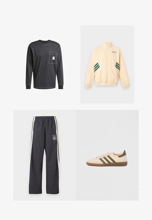 Φωτεινό μπεζ αθλητικό μπουφάν Adidas με ψηλό γιακά, φερμουάρ εμπρός, ελαστικές μανσέτες και τελείωμα, και σκούρο πράσινο λογότυπο Adidas και ρίγες στα πλάγια.; Μαύρο μακρυμάνικο πουκάμισο με λευκές κατακόρυφες ρίγες, στρογγυλή λαιμόκοψη, τσέπη μπροστά και γκρι ταμπέλα στην τσέπη. Υφασμένο από βαμβακερό ύφασμα βαρύ.; Σκούρο γκρι παντελόνι φόρμας με λευκές πλευρικές ρίγες, ελαστική μέση και κυκλικό λογότυπο με τρία αστέρια στο αριστερό μηρό. Ελαφρύ ύφασμα.; Χαμηλού προφίλ μπεζ αθλητικό παπούτσι Adidas Spezial με πράσινες ρίγες, σόλα από καουτσούκ και την επωνυμία "SPEZIAL" στην πλευρά, εμφανίζεται από την εξωτερική πλευρά.
