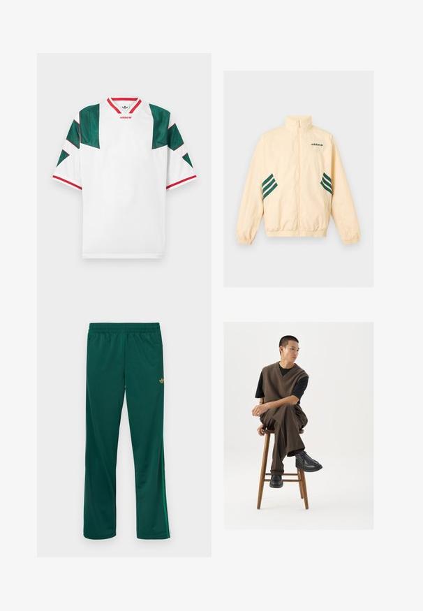 Lyse beige Adidas træningsjakke med høj krave, fuld frontlynlås, elastiske manchetter og kant samt mørkegrønt Adidas-logo og striber på siderne.; Hvid trøje med grønne mesh-accenter på skuldrene. Rød kant ved halsudskæring og ærmekanter. Indeholder geometriske designlinjer. Adidas-logo inkluderet.; Grønne træningsbukser med elastisk linning, der har sidelommer og en lille gylden logo på øverste venstre front. Glat tekstur.; Brun strikket vest over en sort t-shirt, parret med brune vidde bukser og sorte chunky sko, siddende på en træstub.