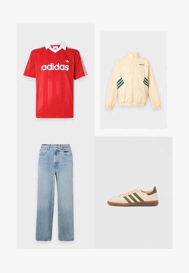 Φωτεινό μπεζ αθλητικό μπουφάν Adidas με ψηλό γιακά, φερμουάρ εμπρός, ελαστικές μανσέτες και τελείωμα, και σκούρο πράσινο λογότυπο Adidas και ρίγες στα πλάγια.; Κόκκινη αθλητική φανέλα Adidas με λευκό γιακά, τρεις λευκές ρίγες στα μανίκια και το λογότυπο Adidas στο κέντρο του στήθους.; Ανοιχτό μπλε τζιν παντελόνι με ίσια γραμμή και ψηλή μέση, με πέντε τσέπες και διακριτική φθορά. Ακατέργαστο στρίφωμα και αντίθετες ραφές.; Χαμηλού προφίλ μπεζ αθλητικό παπούτσι Adidas Spezial με πράσινες ρίγες, σόλα από καουτσούκ και την επωνυμία "SPEZIAL" στην πλευρά, εμφανίζεται από την εξωτερική πλευρά.