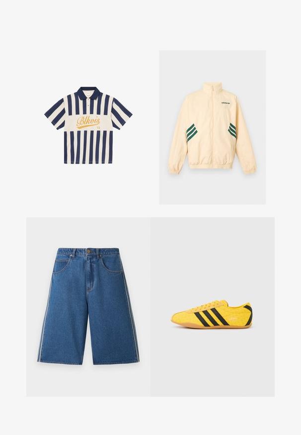Φωτεινό μπεζ αθλητικό μπουφάν Adidas με ψηλό γιακά, φερμουάρ εμπρός, ελαστικές μανσέτες και τελείωμα, και σκούρο πράσινο λογότυπο Adidas και ρίγες στα πλάγια.; Κοντομάνικο πόλο μπλουζάκι με κάθετες ρίγες σε ναυτικό μπλε και λευκό, γιακά σε ναυτικό μπλε, δύο κουμπιά και κίτρινη επιγραφή "Blkvis 13" στο στήθος.; Μπλε τζιν σορτς μέχρι το γόνατο με μπροστινές τσέπες, κλείσιμο με κουμπιά, θηλιές για ζώνη και λευκές ρίγες στα πλάγια σε κάθε πόδι.; Κίτρινο αθλητικό παπούτσι με υφή στο επάνω μέρος, με μαύρες ρίγες και λογότυπο. Στρογγυλεμένη μύτη, μαλακή σόλα και ζιγκ-ζαγκ σχέδιο στο υλικό.