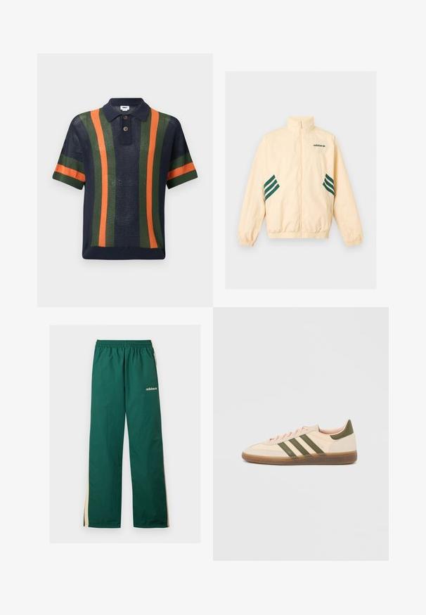 Veste de survêtement Adidas beige clair avec col montant, fermeture éclair intégrale à l'avant, poignets et ourlet élastiques, et logo Adidas ainsi que des bandes vert foncé sur les côtés.; Polo en maille bleu marine à manches courtes avec des rayures verticales vertes et orange et deux boutons marron sur la patte de boutonnage.; Pantalon de survêtement Adidas vert avec bandes latérales beiges, taille élastique et logo Adidas blanc sur la partie supérieure de la jambe gauche.; Baskets beige discrètes Adidas Spezial avec des bandes vertes, une semelle en caoutchouc et le logo "SPEZIAL" sur le côté, vues de l'extérieur.