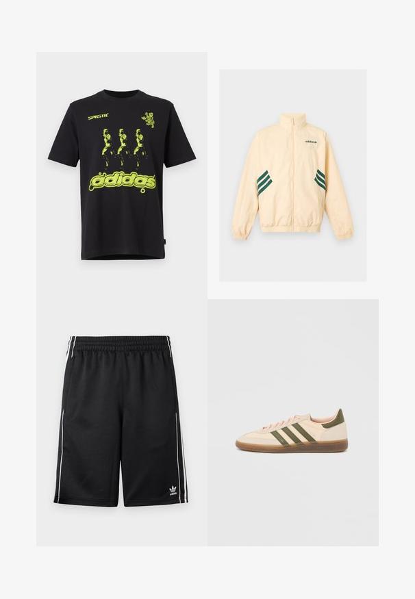 Lyse beige Adidas træningsjakke med høj krave, fuld frontlynlås, elastiske manchetter og kant samt mørkegrønt Adidas-logo og striber på siderne.; Sort bomulds t-shirt med et lysende grønt grafisk design med tre figurer og "adidas" tekst nederst. Rund hals stil.; Sorte Adidas sportsshorts med hvide siderstriber, elastisk taljebånd, sidelommer og Adidas-logo på den nederste venstre ben.; Beige Adidas Spezial sneaker med lav profil, grønne striber, gummisål og "SPEZIAL"-branding på siden, vist fra ydersiden.
