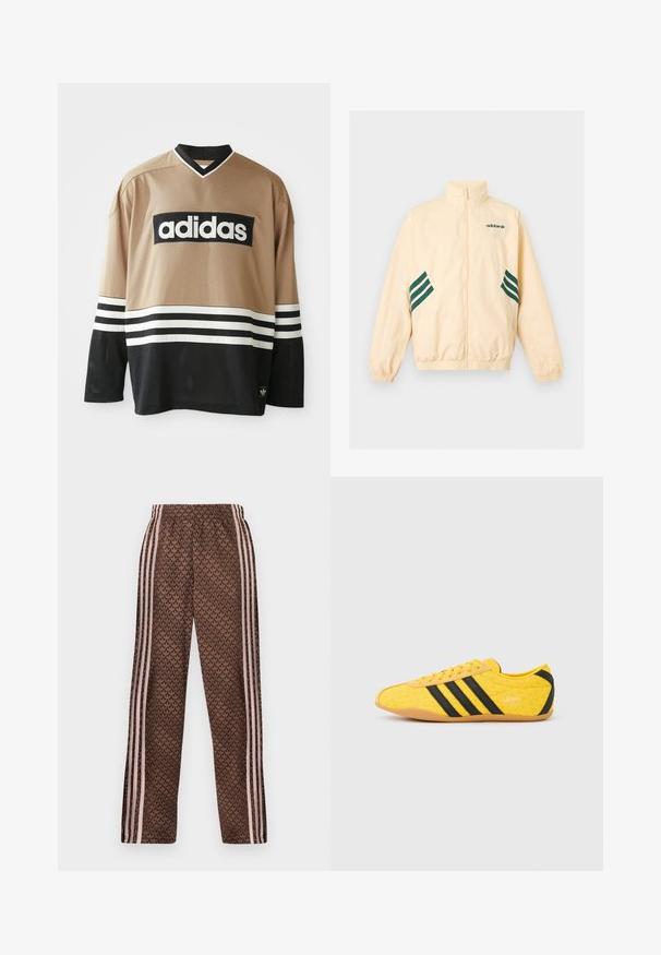 Φωτεινό μπεζ αθλητικό μπουφάν Adidas με ψηλό γιακά, φερμουάρ εμπρός, ελαστικές μανσέτες και τελείωμα, και σκούρο πράσινο λογότυπο Adidas και ρίγες στα πλάγια.; Adidas μακρυμάνικη αθλητική μπλούζα σε μπεζ και μαύρο χρώμα με λευκές ρίγες, από πλέγμα υφάσματος, και λογότυπο Adidas στο στήθος και στο κάτω μέρος.; Καφέ παντελόνια φόρμας με ανοιχτό ροζ κάθετες ρίγες στα πλαϊνά και επαναλαμβανόμενο σχέδιο φύλλων σε όλη την επιφάνεια, ελαστική μέση, εφαρμοστή ίσια γραμμή στα πόδια.; Κίτρινο αθλητικό παπούτσι με υφή στο επάνω μέρος, με μαύρες ρίγες και λογότυπο. Στρογγυλεμένη μύτη, μαλακή σόλα και ζιγκ-ζαγκ σχέδιο στο υλικό.