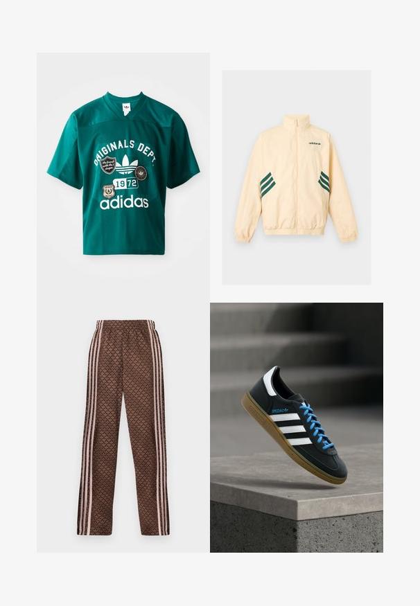 Vaaleanbeige Adidas verkkatakki, jossa korkea kaulus, täysi vetoketju edessä, joustavat hihansuut ja helmassa, sekä tummanvihreä Adidas-logo ja raidat sivuilla.; Teal verkko urheilupaita, jossa on V-kaula-aukko, lyhyet hihat ja graafiset tarrat, mukaan lukien "ORIGINALS DEPT." ja "1972" valkoisella kirjasinvärillä.; Ruskeat verkkarit joissa vaaleanpunaiset pystysuuntaiset raidat sivuilla ja kaikkialla toistuva lehtikuvio, joustava vyötärö, suora lahkeensilmä.; Musta Adidas-tennari valkoisilla raidoilla, sinisillä nauhoilla ja kumipohjalla kelluu pehmeässä valossa harmaan betonisen portaan yllä.