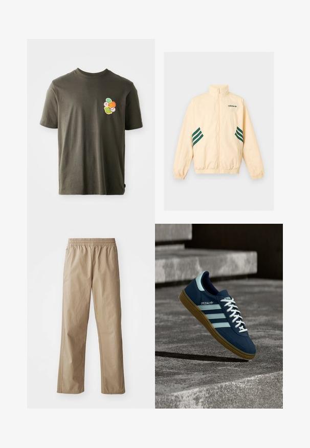 Heledat beeži värvi Adidas dressijakk kõrge kraega, täieliku eesmise luku, elastsete mansettide ja äärega ning tumerohelise Adidas logo ja triipudega külgedel.; Tumeoliivroheline puuvillane t-särk ümmarguse kaelusega. Vasil on vasakul rinnal värviline trükitud kujundus ringikujuliste elementidega.; Beežid, kerged püksid elastse vöökohaga, sirgete säärte ja küljetaskutega. Sile tekstuur peente õmblusedetailidega.; Sinine Adidas Spezial tennisk, valgete triipude ja paeltega, kummist tallaga, hõljub kareda betoonpinna ja sammude kohal taustal.