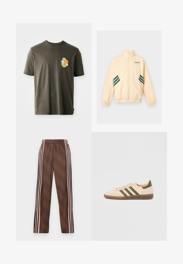 Heledat beeži värvi Adidas dressijakk kõrge kraega, täieliku eesmise luku, elastsete mansettide ja äärega ning tumerohelise Adidas logo ja triipudega külgedel.; Tumeoliivroheline puuvillane t-särk ümmarguse kaelusega. Vasil on vasakul rinnal värviline trükitud kujundus ringikujuliste elementidega.; Pruunid dressipüksid heleroosade vertikaalsete triipudega külgedel ja kogu pinnal korduv lehvikumustriga, elastse vöökohaga, sirge lõikega lahk.; Madalprofiilne beež Adidas Spezial toss rohelist värvi triipude, kummist tallaga ja "SPEZIAL" brändinguga küljel, nähtav välisküljelt.