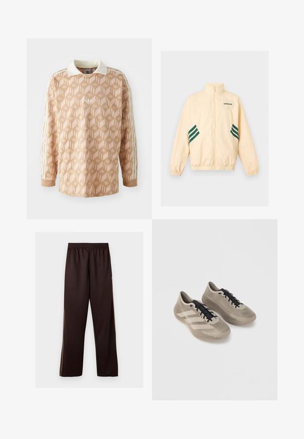 Svetlo béžová Adidas tréningová bunda s vysokým golierom, celopredným zipsom, elastickými manžetami a spodným lemom, s tmavozeleným logom Adidas a pruhmi na bokoch.; Dlhý rukáv košele v svetlo broskyňovej farbe s geometrickým vzorom. Obsahuje biely golier a tri krémové pruhy na každom rukáve.; Tmavohnedé široké nohavice s elastickým pásom a jemnými svetlohnedými bočnými pruhmi, zobrazené na jednoliatom bielom pozadí.; Pár béžových športových topánok s čiernymi šnúrkami, s textúrovaným pruhovaným vzorom a tromi bočnými pruhmi na jednoliatom pozadí.