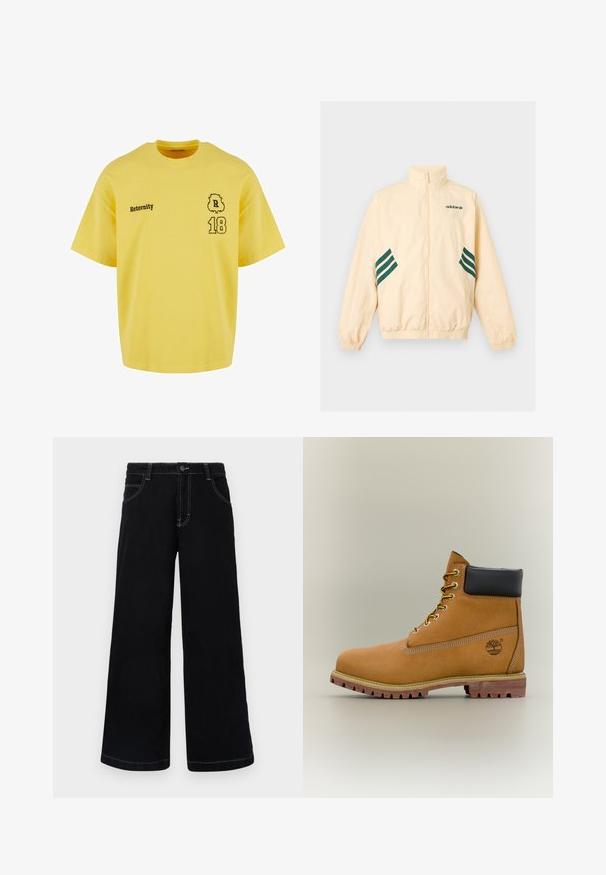 Φωτεινό μπεζ αθλητικό μπουφάν Adidas με ψηλό γιακά, φερμουάρ εμπρός, ελαστικές μανσέτες και τελείωμα, και σκούρο πράσινο λογότυπο Adidas και ρίγες στα πλάγια.; Κίτρινο βαμβακερό μπλουζάκι με στρογγυλή λαιμόκοψη και κοντά μανίκια, με μαύρο εκτυπωμένο κείμενο "Reternity" και τον αριθμό "18" με διακοσμητική λεπτομέρεια.; Μαύρο παντελόνι με φαρδιά γραμμή από τζην, με κλείσιμο με κουμπί, πέντε τσέπες και αντίθετη λευκή ραφή κατά μήκος των ραφών.; Καφέ δερμάτινο μποτάκι αστραγάλου με μαύρο γιακά, κίτρινα κορδόνια και ταμπά σόλα. Διαθέτει λογότυπο και λευκή ραφή για λεπτομέρεια. Ανθεκτική εξωτερική σόλα με τραχύ πέλμα.
