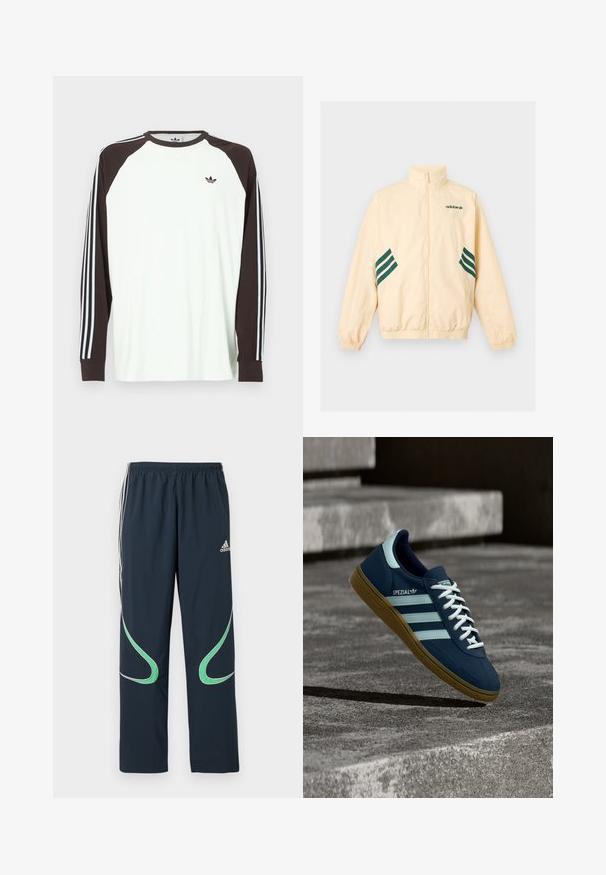 Φωτεινό μπεζ αθλητικό μπουφάν Adidas με ψηλό γιακά, φερμουάρ εμπρός, ελαστικές μανσέτες και τελείωμα, και σκούρο πράσινο λογότυπο Adidas και ρίγες στα πλάγια.; Λευκό πουκάμισο με μακριά μανίκια και καφέ μανίκια raglan. Διαθέτει μπλε και λευκές ρίγες στα μανίκια και ένα μικρό λογότυπο στο στήθος.; Σκούρα μπλε παντελόνια αθλητικά από ελαφρύ ύφασμα, με λευκές ρίγες στα πλάγια και πράσινες καμπυλωτές λεπτομέρειες. Ελαστική μέση για άνεση.; Μπλε sneaker Adidas Spezial με λευκές ρίγες και κορδόνια, λαστιχένια σόλα, αιωρείται πάνω από τραχιά επιφάνεια σκυροδέματος και σκαλοπάτια στο φόντο.