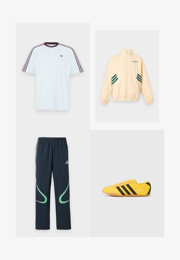 Φωτεινό μπεζ αθλητικό μπουφάν Adidas με ψηλό γιακά, φερμουάρ εμπρός, ελαστικές μανσέτες και τελείωμα, και σκούρο πράσινο λογότυπο Adidas και ρίγες στα πλάγια.; Φωτεινό γαλάζιο βαμβακερό T-shirt με κοντά raglan μανίκια, μπορντό ρίγες κατά μήκος των ώμων και μικρό λογότυπο στο στήθος.; Σκούρα μπλε παντελόνια αθλητικά από ελαφρύ ύφασμα, με λευκές ρίγες στα πλάγια και πράσινες καμπυλωτές λεπτομέρειες. Ελαστική μέση για άνεση.; Κίτρινο αθλητικό παπούτσι με υφή στο επάνω μέρος, με μαύρες ρίγες και λογότυπο. Στρογγυλεμένη μύτη, μαλακή σόλα και ζιγκ-ζαγκ σχέδιο στο υλικό.