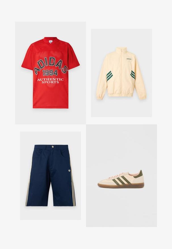 Φωτεινό μπεζ αθλητικό μπουφάν Adidas με ψηλό γιακά, φερμουάρ εμπρός, ελαστικές μανσέτες και τελείωμα, και σκούρο πράσινο λογότυπο Adidas και ρίγες στα πλάγια.; Κόκκινη αθλητική φανέλα Adidas με διατρήσεις, με το κείμενο "ADIDAS 1994 AUTHENTIC SPORTS" στο μπροστινό μέρος και V-λαιμόκοψη.; Σκούρο μπλε σορτς Adidas με μπεζ τρεις ρίγες στα πλάγια, μπροστινές τσέπες, κούμπωμα με κουμπί και λογότυπο Adidas trefoil στο δεξί πόδι.; Χαμηλού προφίλ μπεζ αθλητικό παπούτσι Adidas Spezial με πράσινες ρίγες, σόλα από καουτσούκ και την επωνυμία "SPEZIAL" στην πλευρά, εμφανίζεται από την εξωτερική πλευρά.