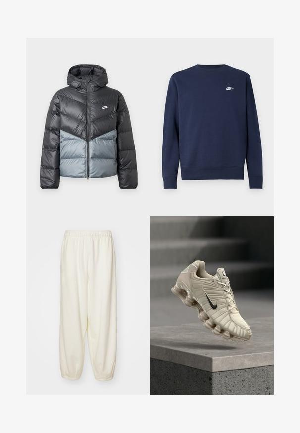 Polstret jakke med hætte, med farveblokdesign i mørkegrå og lys grå, lynlåslukning og logo på brystet.; Marineblå sweatshirt lavet af blødt stof, med rund halsudskæring og lange ærmer samt en lille hvid Nike-logo på brystet.; Cremefarvede sweatpants lavet af blødt stof, med en elastisk talje og tapered manchetter, i en afslappet pasform og uden synlige mønstre.; Beige Nike løbesko med sort swoosh, åndbart overdel og karakteristisk opdelt sål, placeret over en betonplatform.