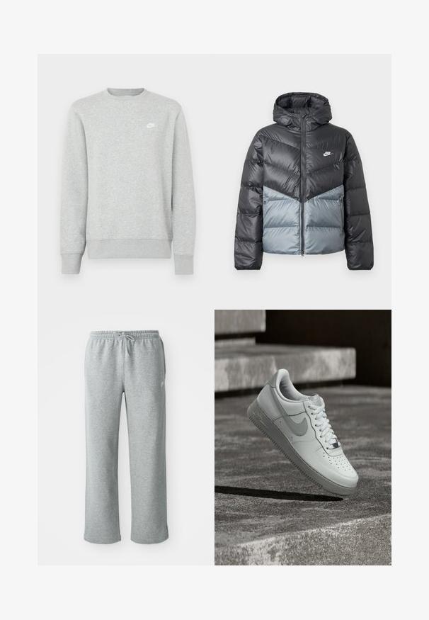 Polstret jakke med hætte, med farveblokdesign i mørkegrå og lys grå, lynlåslukning og logo på brystet.; Grå sweatshirt lavet af blødt fleece-materiale, med ribstrikkede manchetter og kant, samt et lille hvidt Nike-logo på brystet.; Grå bomulds sweatpants med elastisk talje, snorelukning og lige ben. Har et lille logo på den øverste venstre side.; Hvid Nike Air Force 1 sneaker, der svæver over en tekstureret betongulv med stenetrin i baggrunden.