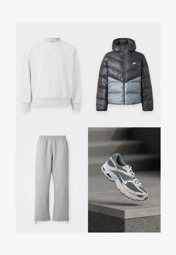 Polstret jakke med hætte, med farveblokdesign i mørkegrå og lys grå, lynlåslukning og logo på brystet.; Grå sweatshirts med rund hals, ribbede ærmer og bund. Lavet af et blødt stof, med et lille logo på brystet.; Grå sweatpants med elastisk talje, lige ben og snoretræk ved kanten. Fremstillet af blødt, struktureret stof.; Grå og hvide Nike løbesko med mesh-overdel og polstret sål, der svæver over en betonliste mod en sløret grå baggrund.