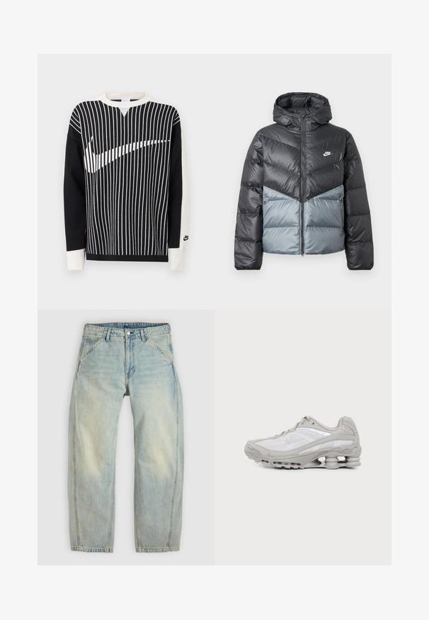 Polstret jakke med hætte, med farveblokdesign i mørkegrå og lys grå, lynlåslukning og logo på brystet.; Sort-hvid langærmet sweater med lodrette striber, der danner en stor Nike swoosh tværs over forsiden og et lille Nike-logo på venstre ærmekant.; Lys blå jeans med vide ben lavet af denim. Har fem lommer, en knaplukning og falmede områder for et brugt udseende.; Grå og hvid atletiksko med synlig luftpolstret sål og mesh-paneler, vist i profil på en ensartet lys baggrund.