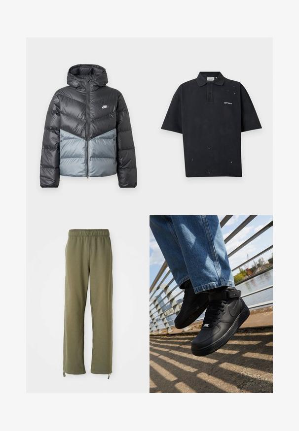 Vaatteet, jossa on huppu, tummanharmaasta ja vaaleanharmaasta koostuva väriblokki design, vetoketjusuljenta ja logo rinnassa.; Musta lyhythihainen poolopaita, jossa on kaulus, kolmen napin läppä, valkoisia maalitahroja ja valkoinen "Carhartt"-logo vasemmassa rinnassa.; Vihreät puuvillaiset collegehousut, joissa on joustava vyötärö, suorat lahkeet ja säädettävät narut nilkoissa. Pehmeä kangas, rento muotoilu.; Mustat Nike Air Force 1 -kengät, joissa on nahkapäällinen, verkko kieli ja kumipohja. Kengissä on korkeakuppinen muotoilu ja paksut nauhat.