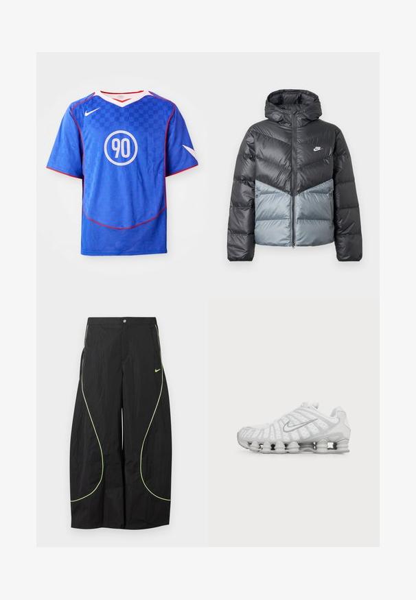Polstret jakke med hætte, med farveblokdesign i mørkegrå og lys grå, lynlåslukning og logo på brystet.; Blå Nike fodboldtrøje med ternet mønster, korte ærmer, v-hals design, hvide accenter og et centralt cirkulært "90" grafik.; Sorte Nike bukser med brede ben, med neon-grøn buet piping og lille Nike swoosh-logo på højre lår, knap- og lynlåslukning i taljen.; Hvid Nike løbesko med synlig luftstøbt sål og sølv swoosh-logo på siden, vist fra ydersiden.