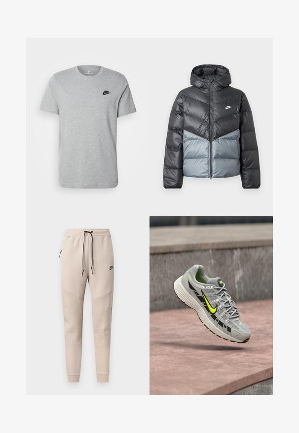 Zateplená bunda s kapucňou, ktorá má farebnú blokovú líniu v tmavosivej a svetlosivej farbe, zapínanie na zips a logo na hrudi.; Sivý krátky rukáv T-shirt vyrobený z bavlny, s čiernym logom Nike na hrudi a okrúhlym výstrihom. Minimalistický dizajn bez vzorov.; Béžové tepláky Nike s čiernym sťahovacím šnúrkou, bočným vreckom na zips, prešívanými panely na kolenách a elastickými manžetami.; Sivá bežecká obuv Nike s čiernymi a neónovo žltými akcentmi, visiaca vo vzduchu nad textúrovaným betónovým povrchom.