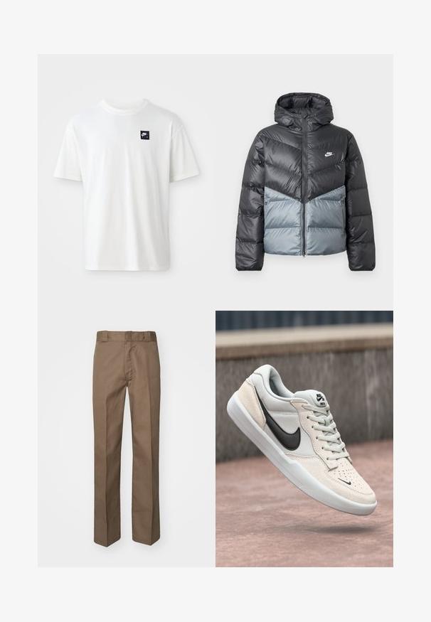 Gevoerde jas met capuchon, met een kleurblokontwerp in donkergrijs en lichtgrijs, ritsluiting en logo op de borst.; Witte katoenen t-shirt met korte mouwen en een ronde hals; heeft een klein zwart rechthoekig Nike Air logo op de linkerkant van de borst.; Brown trousers met een vlakke voorkant, rechte pijpen en een klassieke tailleband. Gemaakt van duurzame stof, zonder zichtbare patronen of versieringen.; Nike SB sneaker in lichtgrijs en crème, met een bovenwerk van suede, zwarte swoosh, textuurdetails en een witte rubberen zool.