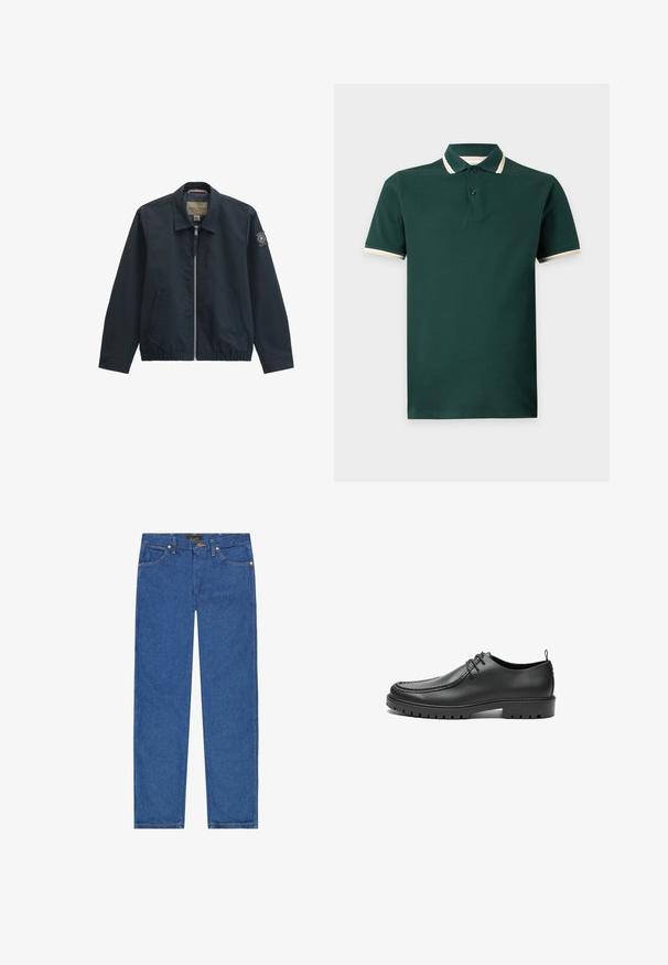 Mørk marineblå lynlåstrøje med krave, to forlommer, elastisk kant og et rundt mærke på venstre ærme.; Mørkegrøn kortærmet poloshirt med to knapper og hvid kant på kraven og ærmekanter, vist på en ensfarvet baggrund.; Blå straight-leg cowboybukser med fem lommer, bæltestropper og knaplukning i taljen.; Sorte lædersko med en glat overflade, rund tå og dekorativ stikning. Har en gummisål med skridsikre spor og snørebåndsdesign.