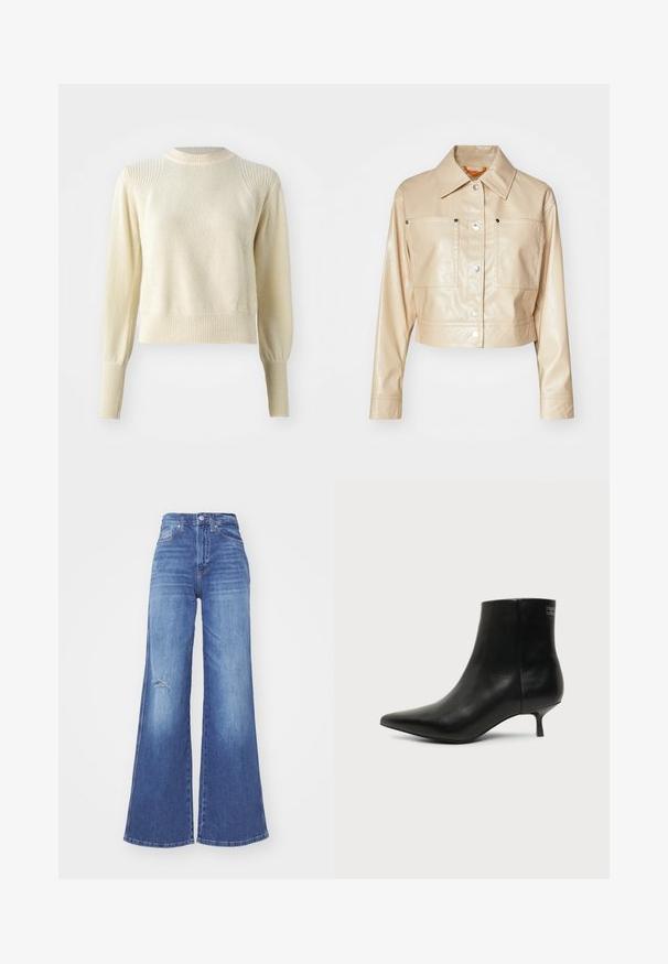 Chaqueta de cuero sintético beige recortada con cuello de punta, botones a presión plateados, dos bolsillos en el pecho y textura suave.; Suéter crema con un patrón de punto texturizado, puños y dobladillo acanalados, y un escote redondo. Presenta mangas estructuradas y ligeramente abullonadas.; Jeans de mezclilla azul de pierna ancha con una cintura alta, que presentan un detalle desgastado en la rodilla y una textura suave. Diseño clásico de cinco bolsillos.; Botín de piel negra con puntera puntiaguda y tacón bajo estilo kitten sobre fondo claro, mostrando vista lateral exterior.