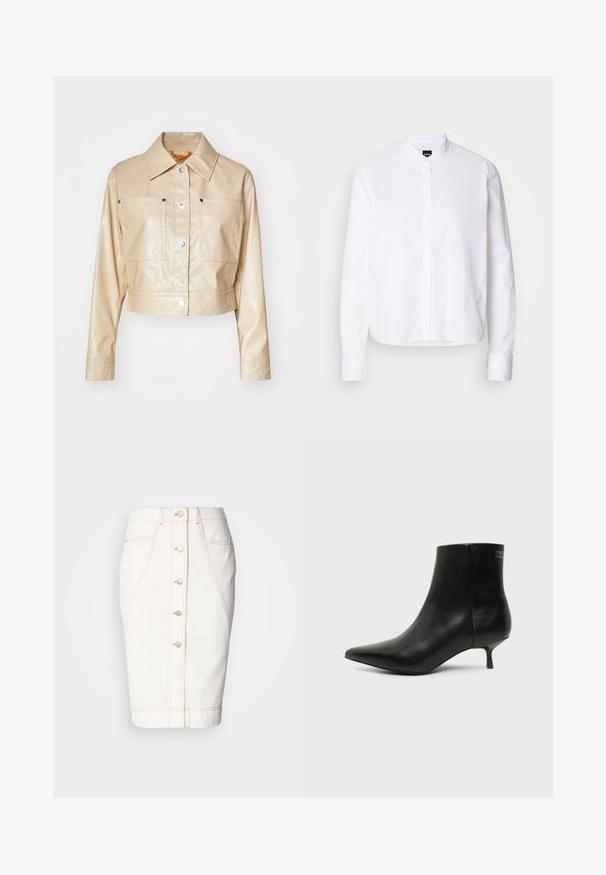 Veste en faux cuir beige raccourcie avec un col pointu, boutons-pression en argent, deux poches poitrine et texture lisse.; Chemise blanche à col avec patte de boutonnage à l'avant, manches longues et poignets à boutons. Fabriquée en coton lisse avec une coupe structurée.; Jupe en denim blanc avec un bouton à l'avant, couture visible et une silhouette crayon. Pas de poches visibles. Texture lisse.; Bottine en cuir noir avec bout pointu et petit talon kitten sur fond clair, vue côté extérieur.