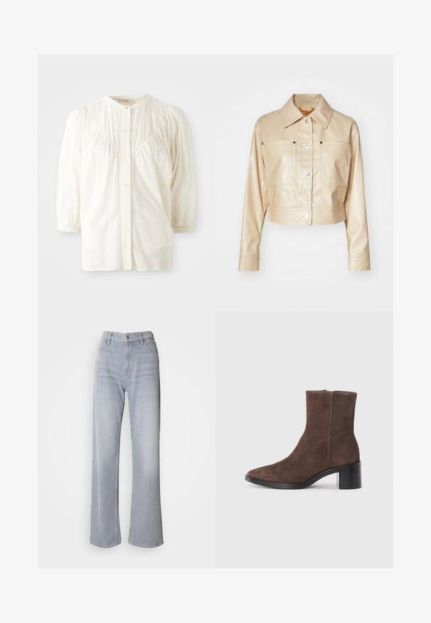 Chaqueta de cuero sintético beige recortada con cuello de punta, botones a presión plateados, dos bolsillos en el pecho y textura suave.; Blusa blanca de botones con cuello redondo, hombros plisados y mangas largas. Presenta sutiles rayas verticales y un corte relajado.; Jeans de pernera ancha en gris claro, con cintura alta, hechos de denim. Presentan bolsillos frontales, cremallera y un leve desvanecimiento por toda la prenda.; Botín de ante marrón hasta el tobillo con punta afilada y tacón cuadrado. Presenta una textura suave y un detalle de logo en el lateral.