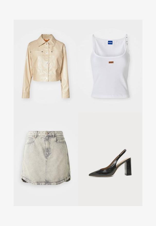 Veste en faux cuir beige raccourcie avec un col pointu, boutons-pression en argent, deux poches poitrine et texture lisse.; Débardeur blanc côtelé avec bretelles réglables, arborant une étiquette logo bleue et une petite étiquette marron, fabriqué en tissu doux et extensible.; Jupe en denim gris clair avec une texture délavée, dotée d'une taille à boutons, de poches avant et d'une ourlet légèrement courbé.; Chaussure slingback en cuir noir à bout pointu avec un talon bloc haut et une doublure intérieure beige sur un fond clair uni.