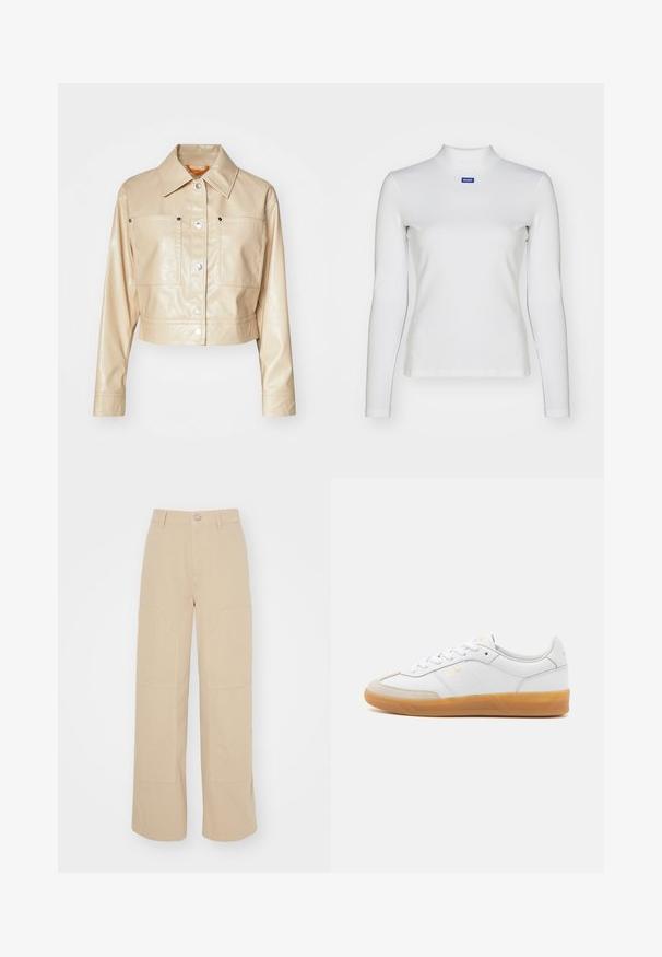 Geknipte beige imitation leren jas met een puntkraag, zilveren drukknoopjes, twee borstzakken en een gladde textuur.; Witte lange mouw turtleneck top van rekbare stof, met een strakke pasvorm en een klein blauw logo op de borst.; Beige flared broek gemaakt van katoen. Heeft twee grote voorkruiden en een metalen knoopsluiting bij de tailleband. Gladde textuur.; Witte leren sneaker met beige suède accenten, gumrubberen zool en vetersluiting. Heeft subtiele branding in goud.