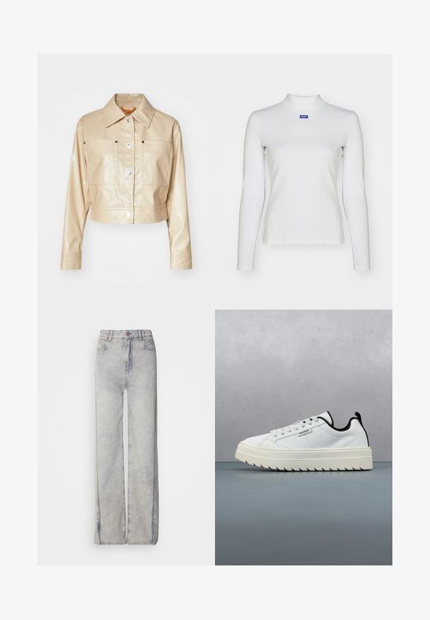 Afskåret beige kunstlæderjakke med spids krave, sølvfarvede trykknapper, to brystlommer og glat tekstur.; Hvid langærmet turtleneck-top lavet af strækstof, med en tætsiddende design og et lille blåt logo på brystet.; Lyseblå vid-leg jeans lavet af denim med en falmet vask, der har lynlås, fem lommer og kontraststikning.; Hvide lædersneakers med en chunky, struktureret sål med et tandet design. Sorte detaljer på hælen og tungen giver kontrast.