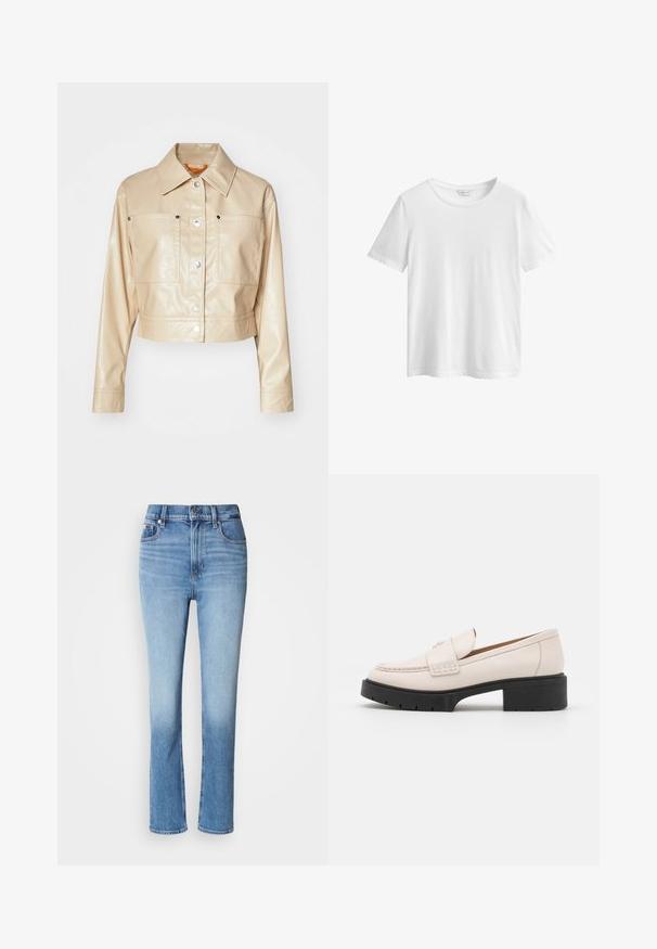 Geknipte beige imitation leren jas met een puntkraag, zilveren drukknoopjes, twee borstzakken en een gladde textuur.; Effen witte korte mouw katoenen T-shirt met ronde hals en GANT-merklabel binnenin de kraag, afgebeeld op een witte achtergrond.; Blauwe denim jeans met hoge taille, rechtvallende pasvorm, vervaagde kleurverloop en vijf-pocketstijl. Metalen knoop en ritssluiting.; Lichtbeige leren loafers met een gestikte voorkant en een textuur met een zwarte plateauhak. Beschikt over een gebogen ontwerp en een lichte verhoging.