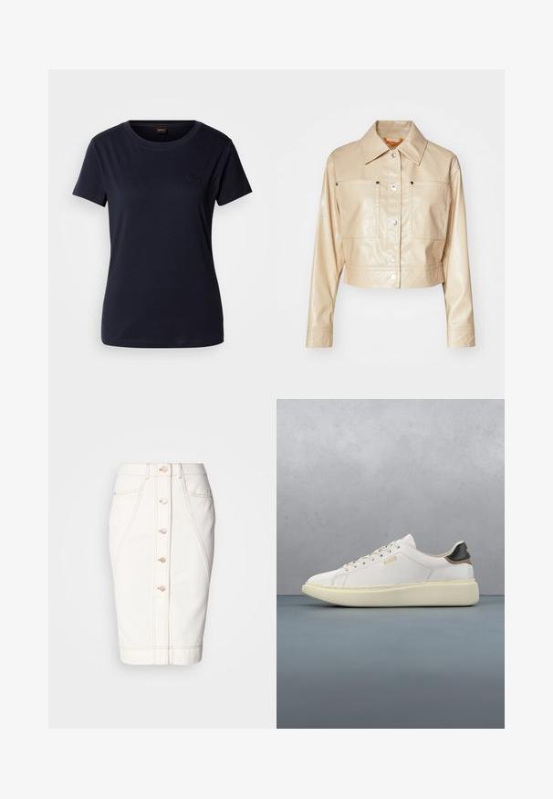 Geknipte beige imitation leren jas met een puntkraag, zilveren drukknoopjes, twee borstzakken en een gladde textuur.; Navyblauwe T-shirt met korte mouwen, gemaakt van katoen, met een ronde hals en een klein geborduurd logo op de borst. Soepele textuur.; Witte denim rok met een voorknopsluiting, zichtbare stiksels en een silhouet in pencil-stijl. Geen zichtbare zakken. Gladde textuur.; Witte sneaker met een glad leren bovenwerk, voorzien van een tan en zwart leren hieltab, ronde veters en een chunky beige rubberen zool. Gouden logo detail.