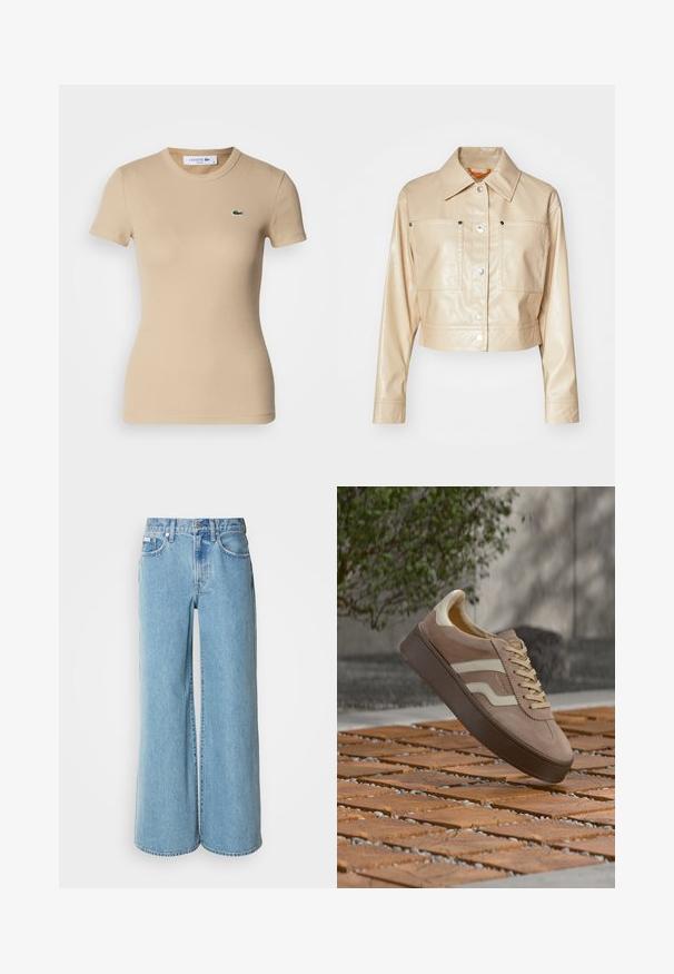 Chaqueta de cuero sintético beige recortada con cuello de punta, botones a presión plateados, dos bolsillos en el pecho y textura suave.; Camiseta de algodón de canalé beige, con mangas cortas, escote redondo, forma ajustada y un pequeño logo verde de Lacoste en el lado izquierdo del pecho.; Jeans de mezclilla de corte ancho en un tono azul claro, con cintura alta, diseño de cinco bolsillos y un ligero desgastado en la tela.; Zapatilla de ante beige con rayas laterales blancas y suela marrón flotando sobre baldosas de madera texturizadas al aire libre.