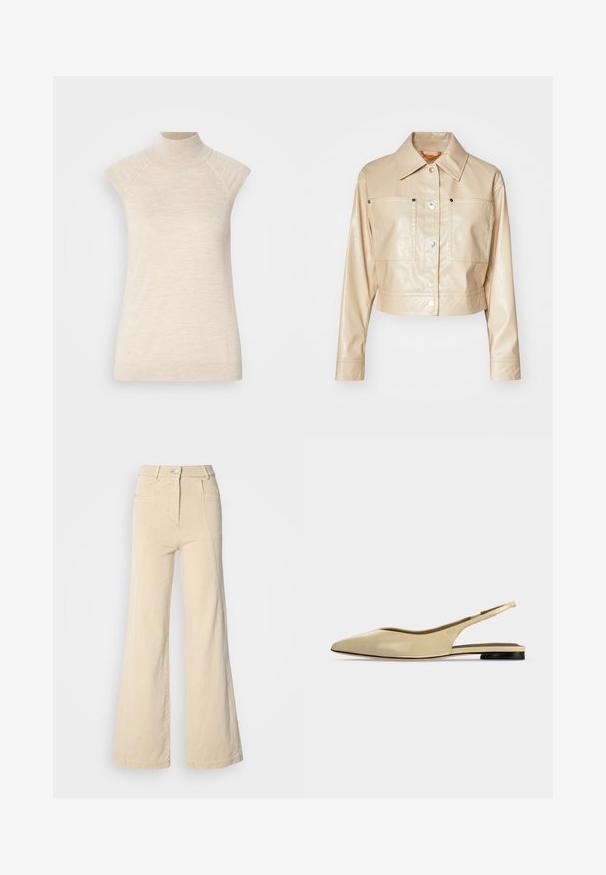 Afskåret beige kunstlæderjakke med spids krave, sølvfarvede trykknapper, to brystlommer og glat tekstur.; Beige højhalset ærmeløs top, lavet af blød, tekstureret stof. Har raglan-skulder og en tætsiddende silhuet. Velegnet til lagdelte outfits.; Beige vidde jeans med høj talje, forlommer og kontrasterende syninger, udstyret med en knaplukning og en glat bomuldsstruktur.; Beige spids tå slingback flad sko med lav sort hæl og en glat læderfinish, vist fra siden på en ensfarvet baggrund.