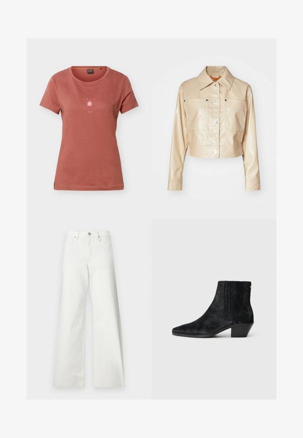 Veste en faux cuir beige raccourcie avec un col pointu, boutons-pression en argent, deux poches poitrine et texture lisse.; T-shirt à manches courtes couleur rouille avec un col rond et un petit graphisme de soleil rose avec le texte "AMAR EL SOL" sur la poitrine.; Jean blanc taille haute à jambes larges, fermeture à boutons devant, passants de ceinture et poches avant sur fond uni.; Bottine noire à bout pointu, en matériau texturé imitant les cheveux, avec un panneau latéral à nervures et un petit talon carré. Un design simple et moderne.