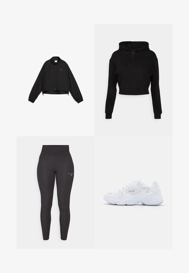 Zwarte lichtgewicht Puma jas met een ritssluiting over de volle lengte aan de voorkant, een hoge kraag, elastische manchetten en een logo op de borst, getoond op een witte achtergrond.; Even&Odd active by Zalando Hoodie - black; Zwarte sportleggings van rekbaar materiaal, met een hoge tailleband en subtiele logo-opdruk aan de linkerpijp. Gladde textuur.; Witte sportschoen met een gemêleerde mesh bovenzijde, gewatteerde kraag en dikke zool. Voorzien van een logo op de zijkant en vetersluiting.