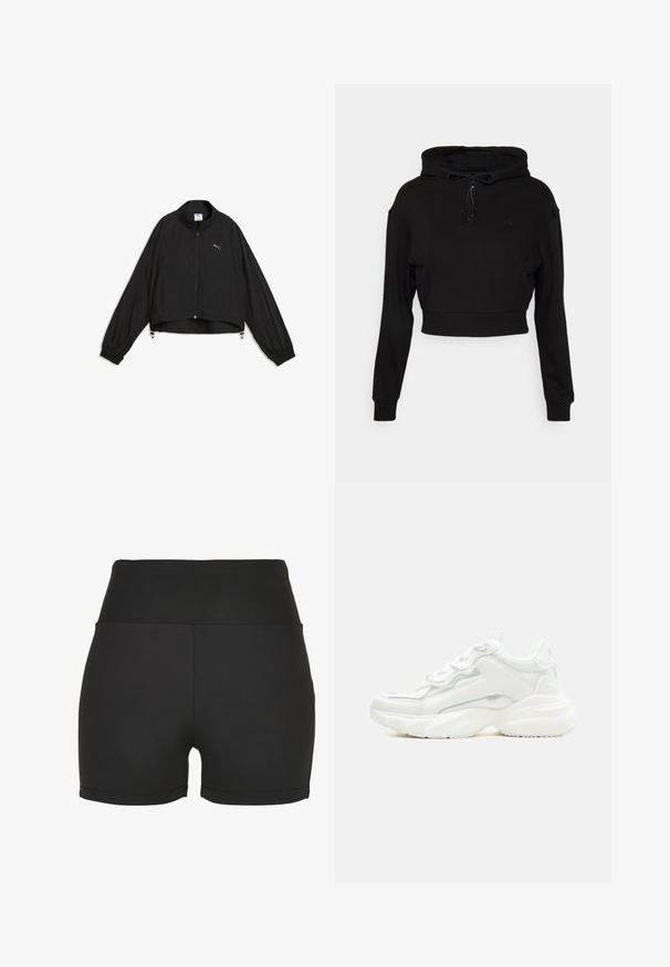 Sort letvægts Puma-jakke med fuld lynlås foran, høj krave, elastiske manchetter og logo på brystet, vist på en hvid baggrund.; Even&Odd active by Zalando Hættetrøje - black; Sorte højtaljede atletikshorts lavet af glat, strækbart materiale. Har glatte sømme og et tætsiddende design, ideelt til træningstøj.; Hvid chunky sneaker med tyk sål, snørelukning foran og glat syntetisk overdel med subtile syningsdetaljer.