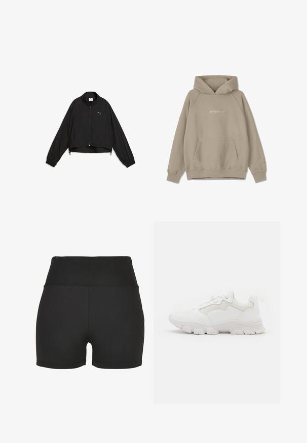 Chaqueta ligera negra de Puma con cremallera frontal completa, cuello alto, puños elásticos y logo en el pecho, presentada sobre un fondo blanco.; Sudadera beige con bolsillo canguro, capucha ajustable con cuerda y puños acanalados. Presenta un sutil bordado del logo en la parte delantera y en la manga.; Shorts atléticos negros de talle alto, fabricados con un material elegante y elástico. Presentan costuras suaves y un diseño ajustado, ideales para ropa deportiva.; NA-KD CONTRAST SOLE TREKKING - Zapatillas - white