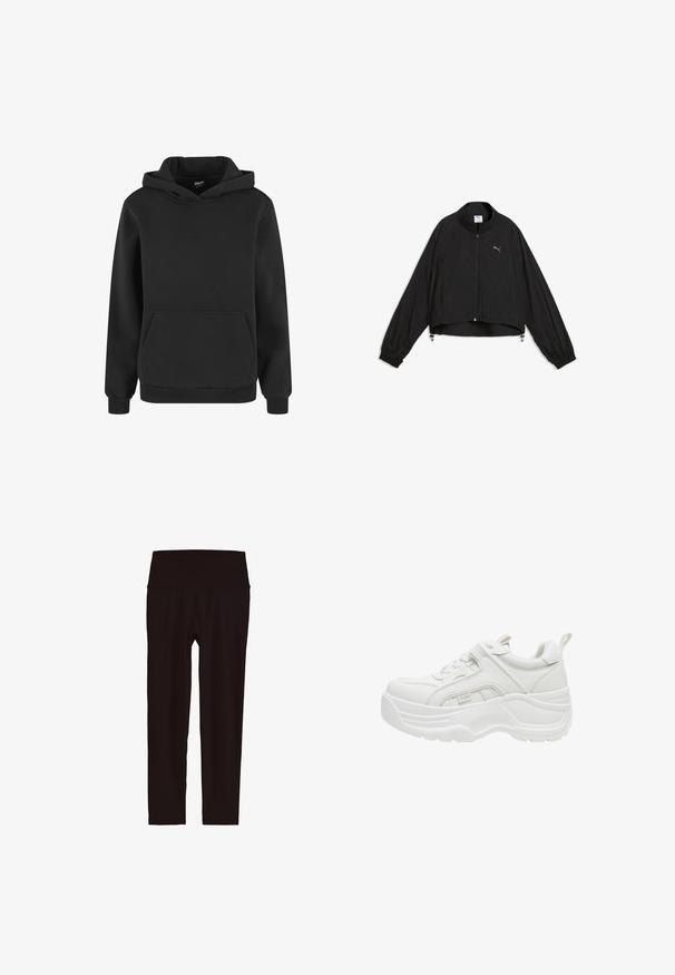 Veste légère noire Puma avec fermeture éclair intégrale à l'avant, col montant, poignets élastiques et logo sur la poitrine, présentée sur un fond blanc.; Sweat à capuche noir à manches longues, poche kangourou à l'avant, poignets côtelés, et design uni.; Leggings noirs taille haute, longueur cheville, avec une large ceinture, présentés sur un fond blanc.; Baskets blanches épaisses avec semelle épaisse, laçage sur l'avant, col matelassé et languette à l'arrière.