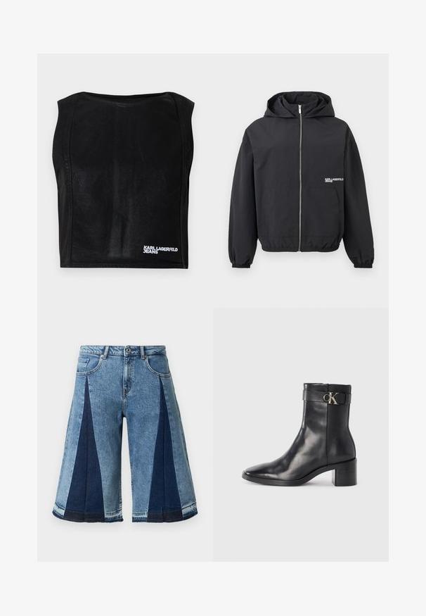 Sort hættejakke med lynlås, elastiske manchetter og kant, forlommer og lille hvid "Karl Lagerfeld Jeans"-logo på brystet.; Sort ærmeløs kort top med bådudskæring og hvid "KARL LAGERFELD JEANS" logo nederst til højre.; Denim shorts med patchworkdesign i lys og mørkeblå. Lige snit, knælang med frynset kant og standard fem-lommestil.; Sort læder ankelstøvle med spids tå, blokhæl og en rem med en metallisk logo detalje. Glat tekstur og minimalistisk design.