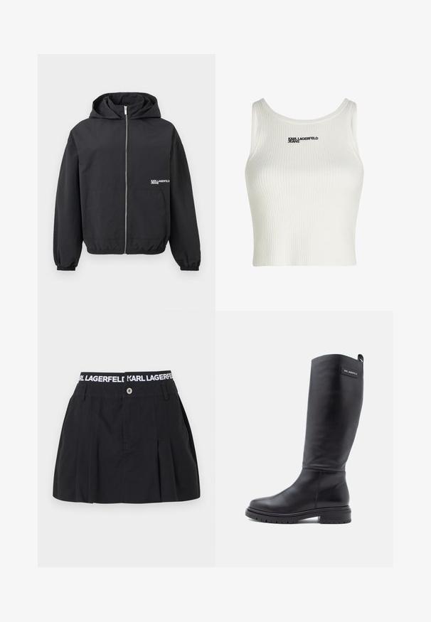 Must kapuutsiga lukuga jope, millel on elastsed varrukasäärised ja allserv, eest taskud ning rinnal väike valge "Karl Lagerfeld Jeans" logo.; Valge ribaga tank top, millel on ümmargune kaelus, esiküljel must "KARL LAGERFELD JEANS" logo.; Must plisseeritud seelik laiema elastse vööosaga, millel on valge "KARL LAGERFELD" tekst; esiküljel nööpidega sulgur ja sile tekstuur.; Pikk must nahast saabas madala plokknõmme ja hammastega tallaga, mille ülemises osas on väike ristkülikukujuline silt brändinimega.