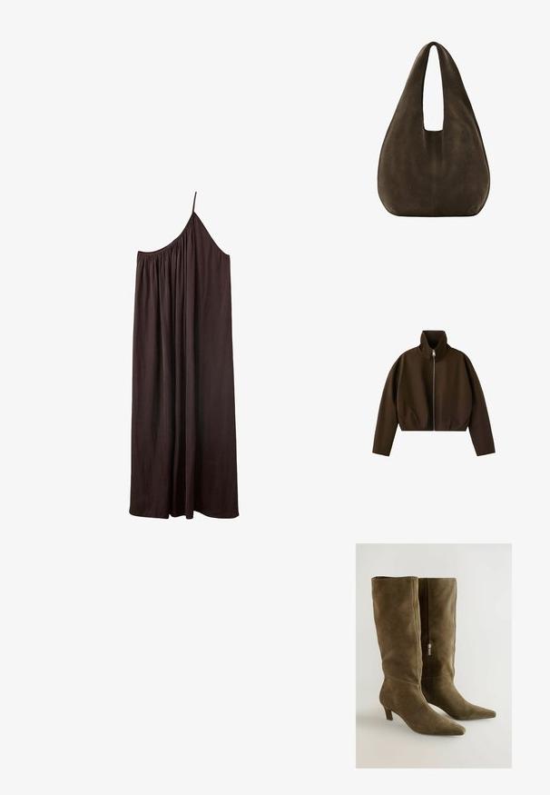 Veste marron à col montant zippée, manches longues et coupe légèrement courte, présentée sur fond blanc.; Robe longue asymétrique marron foncé avec une fine bretelle et un tissu froncé au niveau de l'encolure sur fond blanc.; Bottes en suède vert olive montantes jusqu'au genou, à bout pointu et à talon fin. Comprend une fermeture à glissière sur le côté. Texture lisse.; Sac hobo en daim marron foncé doux avec une large bandoulière unique et un fond arrondi sur fond blanc.