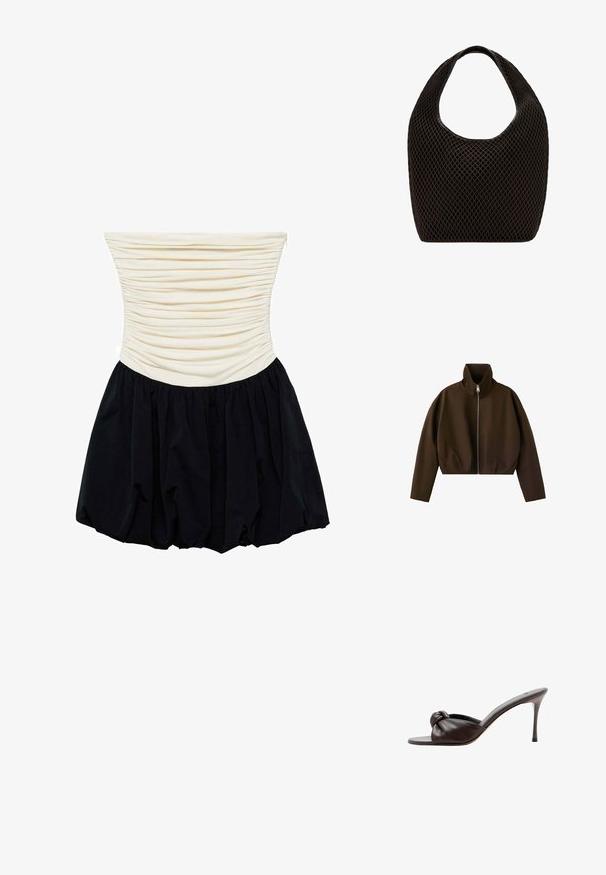 Bruine jas met hoge hals en ritssluiting, lange mouwen en een licht cropped pasvorm, weergegeven op een witte achtergrond.; Strapless jurk met een geplooid crèmekleurig lijfje en een vloeiende zwarte rok, met een soepele textuur en een A-lijn silhouet.; Donkerbruine leren mule met hoge hak, open teen en knoopdetail op het voorste bandje.; Zwarte open geweven mesh tas met afgeronde bovenhandgreep en een breed, gebogen lichaam.