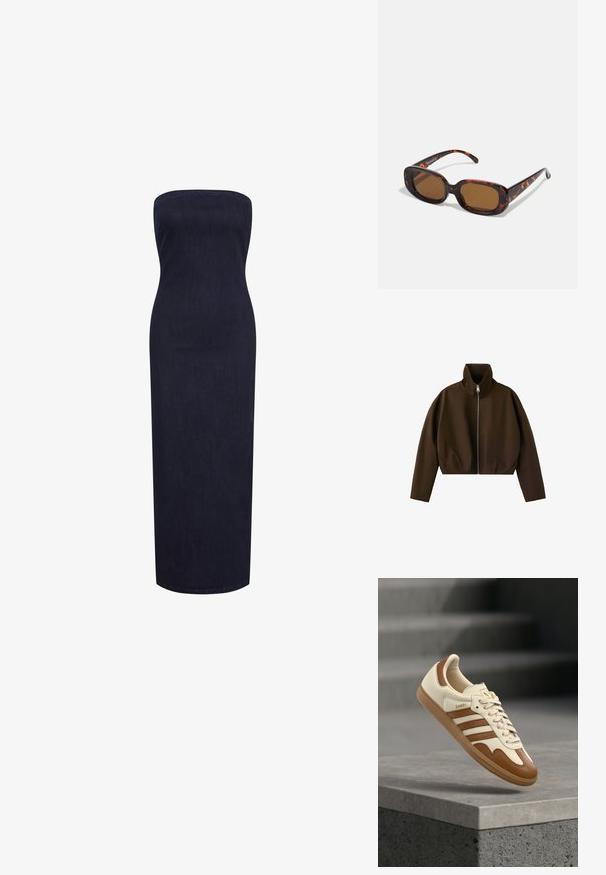 Chaqueta marrón de cuello alto con cremallera, manga larga y un corte ligeramente corto, mostrada sobre un fondo blanco.; Vestido maxi sin tirantes, ajustado, en denim oscuro, con una silueta recta y una textura suave, sin cierres ni adornos visibles.; Zapatilla clásica con parte superior de cuero crema, detalles en marrón, tres franjas y suela de goma texturizada. Presenta una puntera redondeada y cierre de cordones.; Gafas de sol de carey con forma rectangular, lentes marrones, montura de plástico suave y varillas delgadas que presentan sutiles patrones tonales.