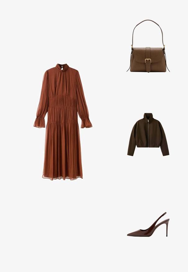 Veste marron à col montant zippée, manches longues et coupe légèrement courte, présentée sur fond blanc.; Robe midi à manches longues de couleur rouille, avec col montant, détails de tissu plissé et poignets évasés sur fond blanc.; Escarpin marron en cuir verni à bout pointu avec talon haut stiletto fin et bride arrière ouverte sur fond blanc.; Sac à bandoulière en cuir marron avec rabat avant et boucle dorée, disposant d'une bandoulière réglable avec ferrures dorées sur fond blanc.